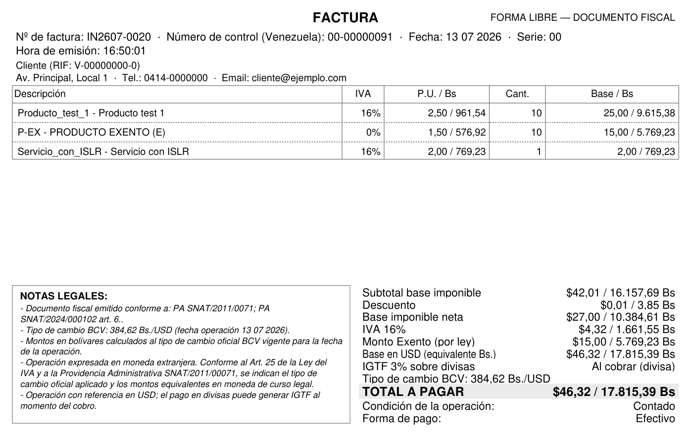 Factura en forma libre con totales en bolívares y en divisa